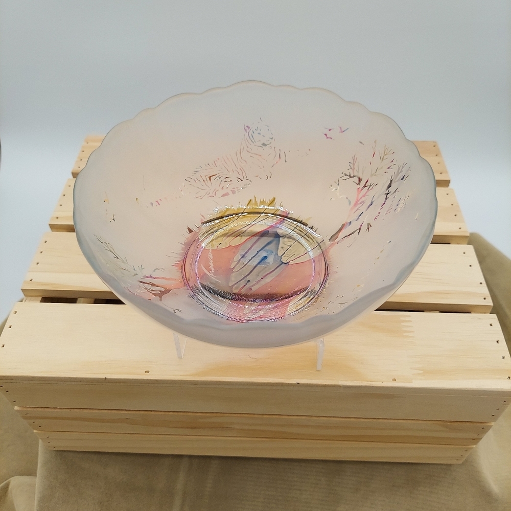 Frosted Bowl Nouveau Art Satin Glass Rueven Hand Painted Tiger